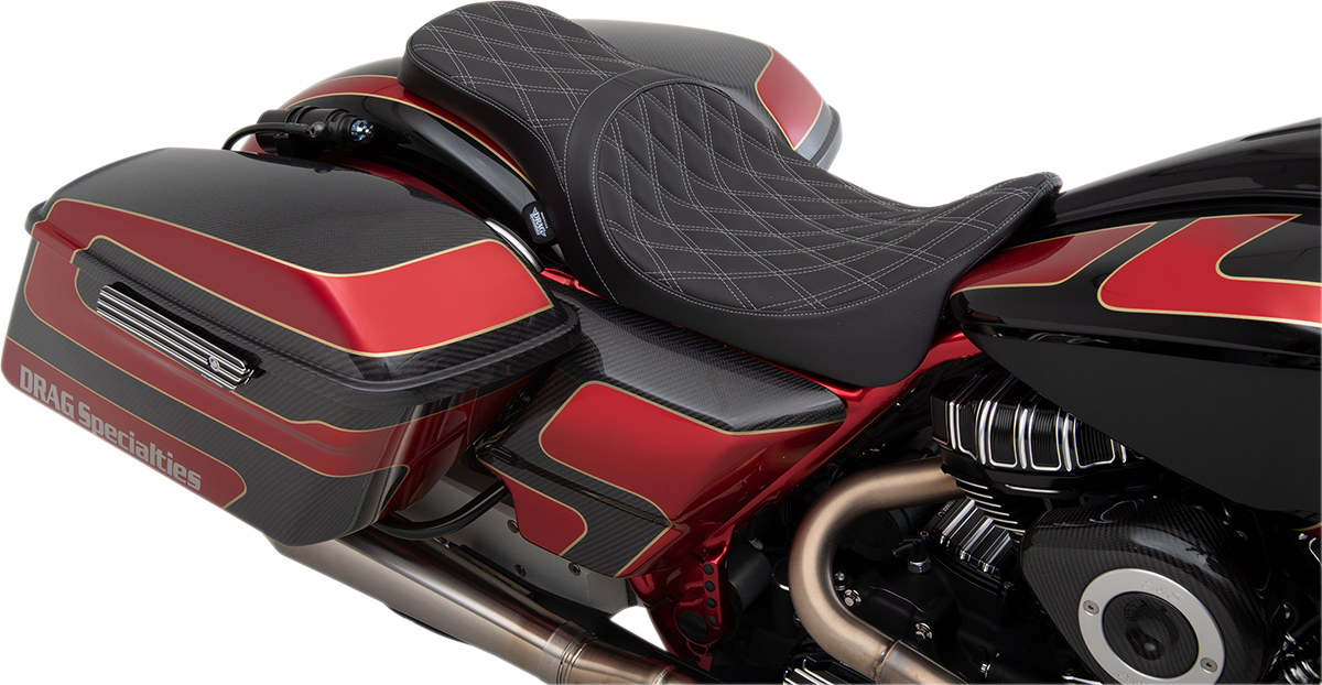 Harley Davidson FL seat by Drag Specialties, Predator 2-up seat with double diamond silver stitching, forward position for 2008-2023 models