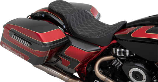 Harley Davidson FL seat by Drag Specialties, Predator 2-up seat with double diamond silver stitching, forward position for 2008-2023 models