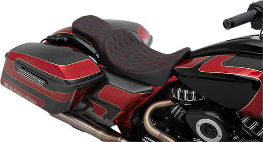 Red stitched Drag Specialties Predator 2-up seat for Harley FL 2008-2023, forward position, double diamond design.