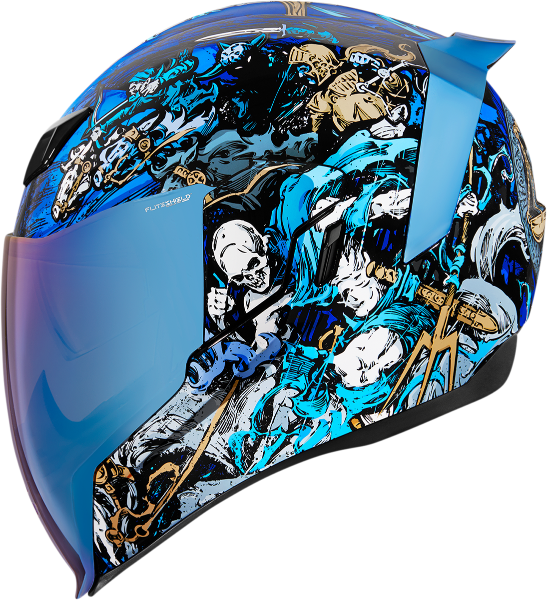 Blue ICON Airflite™ helmet in large size with 4Horsemen design, featuring a sleek aerodynamic shape and clear visor.
