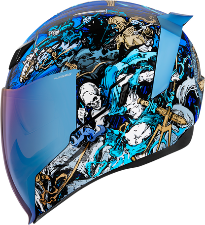 Blue ICON Airflite™ helmet in large size with 4Horsemen design, featuring a sleek aerodynamic shape and clear visor.