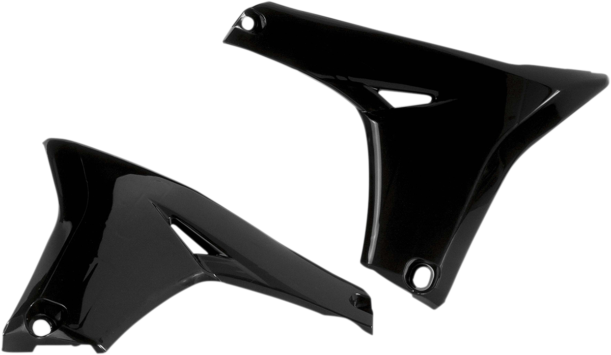 Black Acerbis radiator shrouds for motorcycle lower body, part number 2374150001, displayed on a white background.