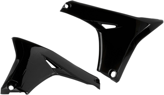 Black Acerbis radiator shrouds for motorcycle lower body, part number 2374150001, displayed on a white background.