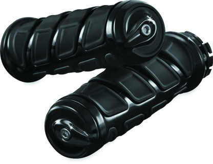 Kuryakyn Kinetic grips for Kawasaki and Yamaha motorcycles, black rubber with textured design and ergonomic shape.