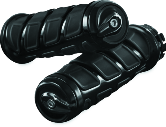 Kuryakyn Kinetic grips for Kawasaki and Yamaha motorcycles, black rubber with textured design and ergonomic shape.