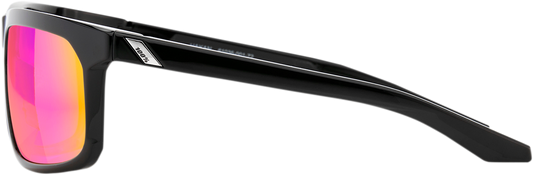 Black Hakan sunglasses by Bill's Exhausts with purple mirrored lenses, showcasing sleek frame design and stylish eyewear.