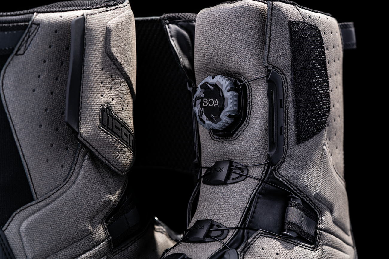 Gray ICON Alcan waterproof boots by Bill's Exhausts, size 7, featuring durable waterproof leather and sturdy rubber soles.