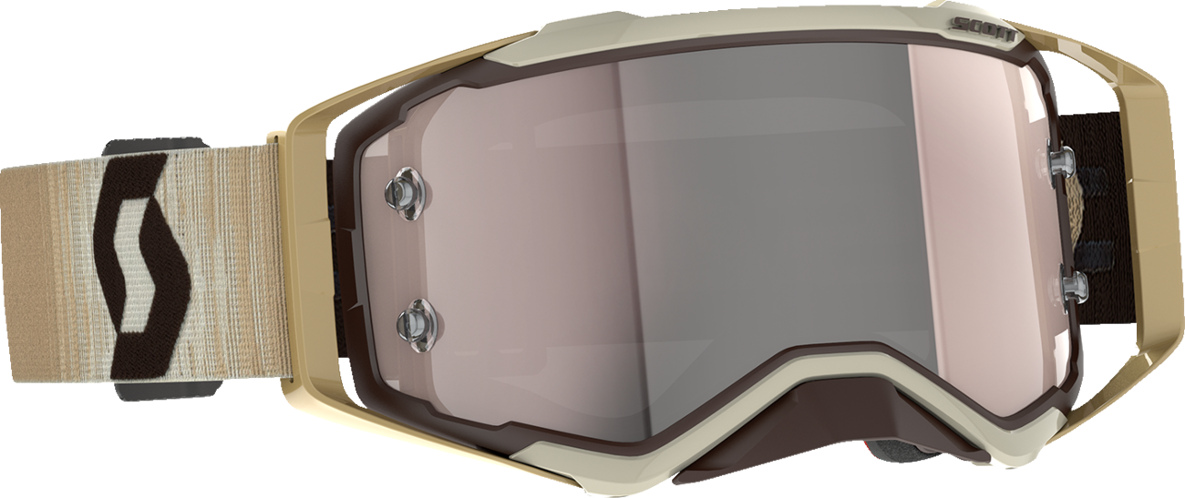 Scott Prospect motorcycle goggles in beige and brown with silver chrome lenses, featuring a secure strap and adjustable fit.