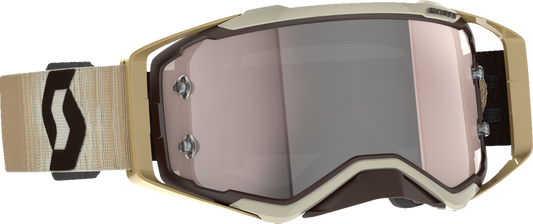 Scott Prospect motorcycle goggles in beige and brown with silver chrome lenses, featuring a secure strap and adjustable fit.