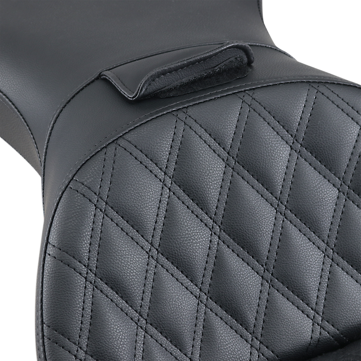 Black SADDLEMEN Explorer Seat with backrest and lattice stitching for FLSTS motorcycles, designed for comfort and style.