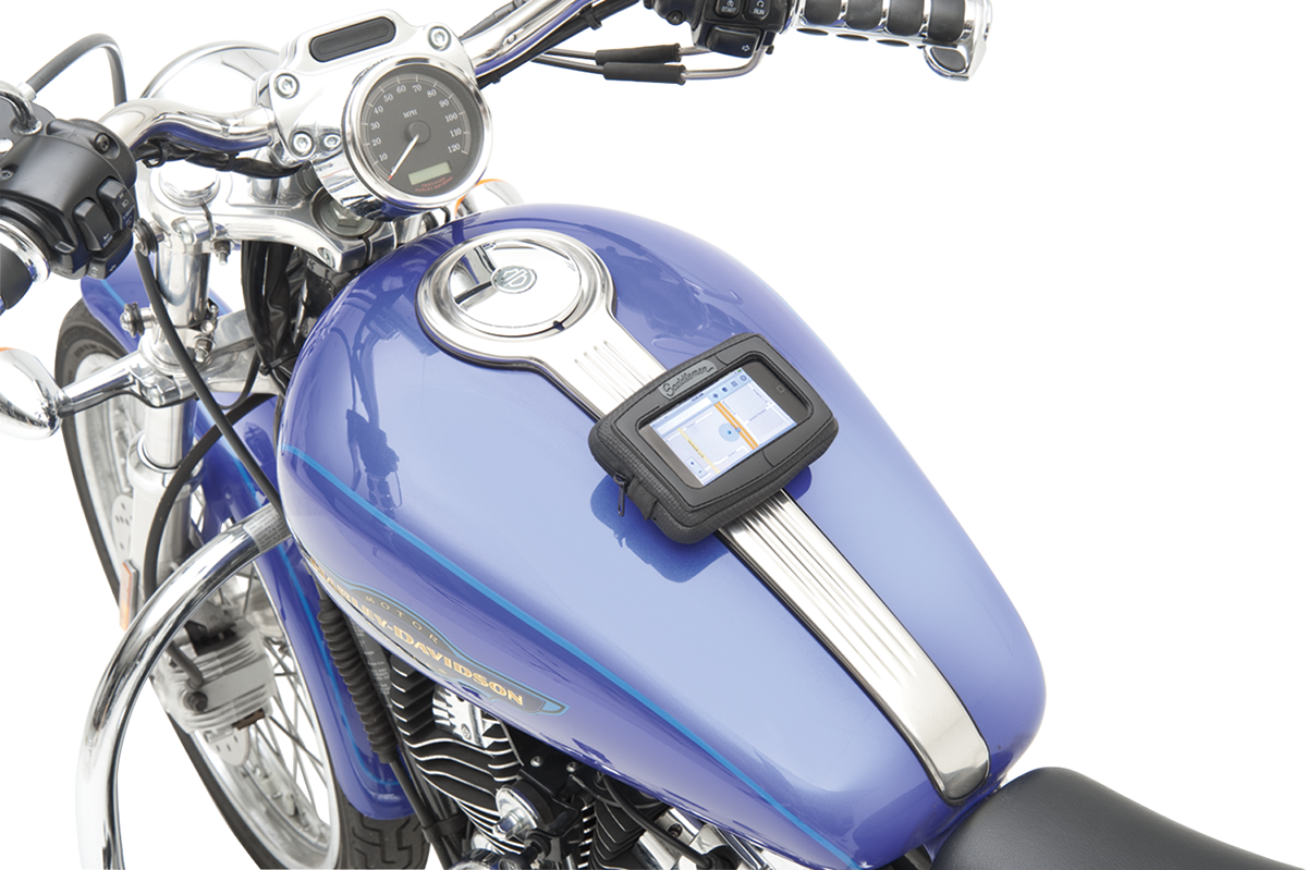 Bill's Exhausts SADDLEMEN E-Pak tank bag, motorcycle seat storage with durable design, mounted on a bike for secure storage.