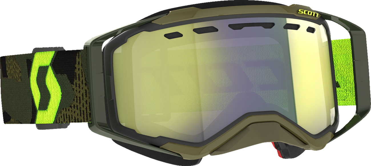 Scott Prospect Snow Cross Goggle in khaki green and neon yellow with enhancer yellow chrome lens, designed for winter sports.