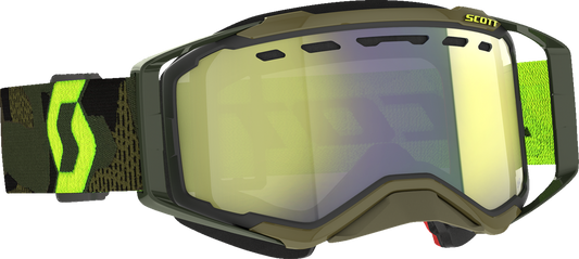 Scott Prospect Snow Cross Goggle in khaki green and neon yellow with enhancer yellow chrome lens, designed for winter sports.