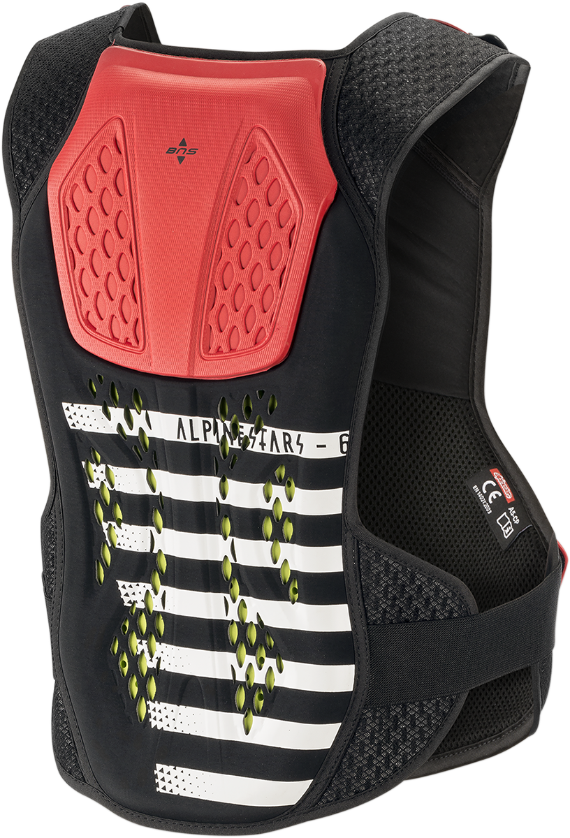 Alpinestars Sequence chest guard in black, white, and red, protective gear for motorcycle safety, XS/S size.