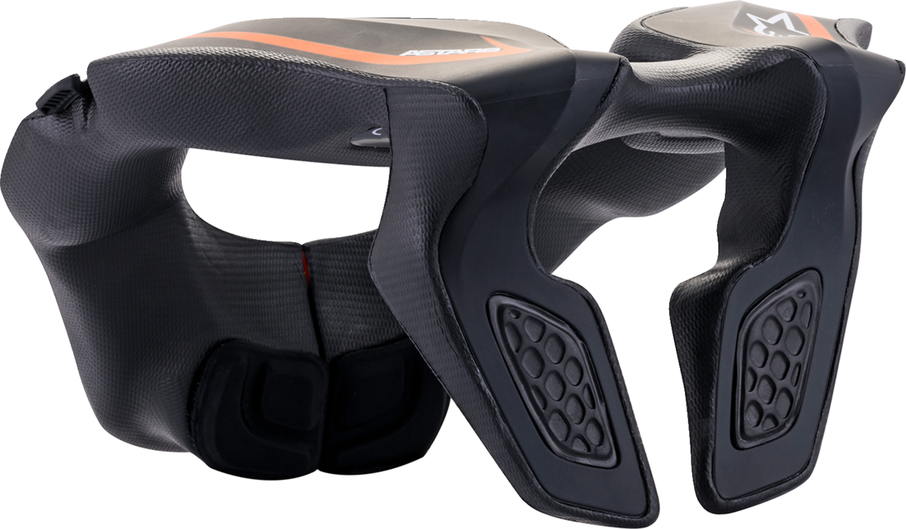 Black and orange Alpinestars youth neck support for helmets, one size, designed for safety and comfort during riding.