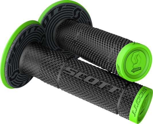 Scott SX II grips in green and black, designed for engine performance, shown on a motorcycle handlebar.