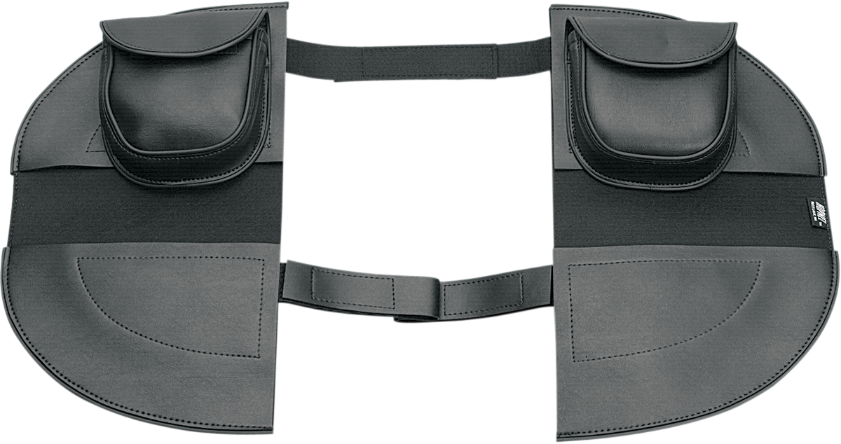 Black SHOW CHROME Pac-A-Derms teardrop engine cover for Bill's Exhausts motorcycle engine, showcasing sleek chrome detailing.