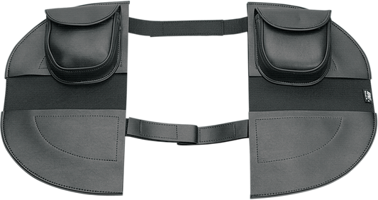Black SHOW CHROME Pac-A-Derms teardrop engine cover for Bill's Exhausts motorcycle engine, showcasing sleek chrome detailing.