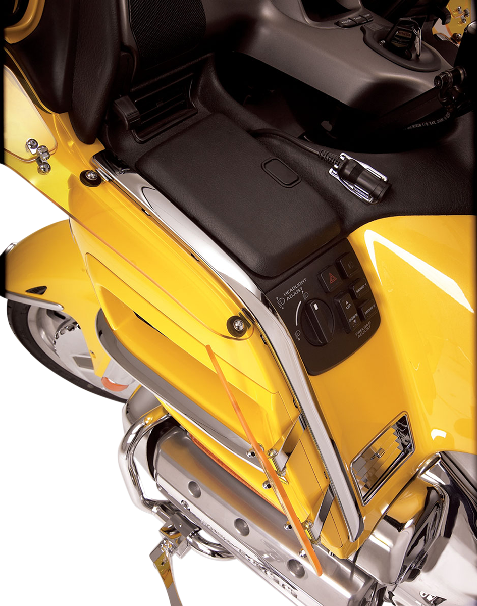 Chrome fairing face molding for engine from Bill's Exhausts, featuring shiny chrome finish and detailed design elements.