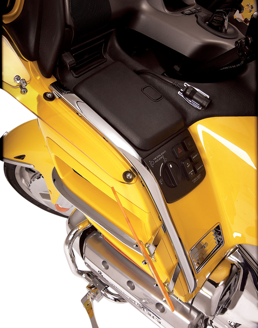 Chrome fairing face molding for engine from Bill's Exhausts, featuring shiny chrome finish and detailed design elements.