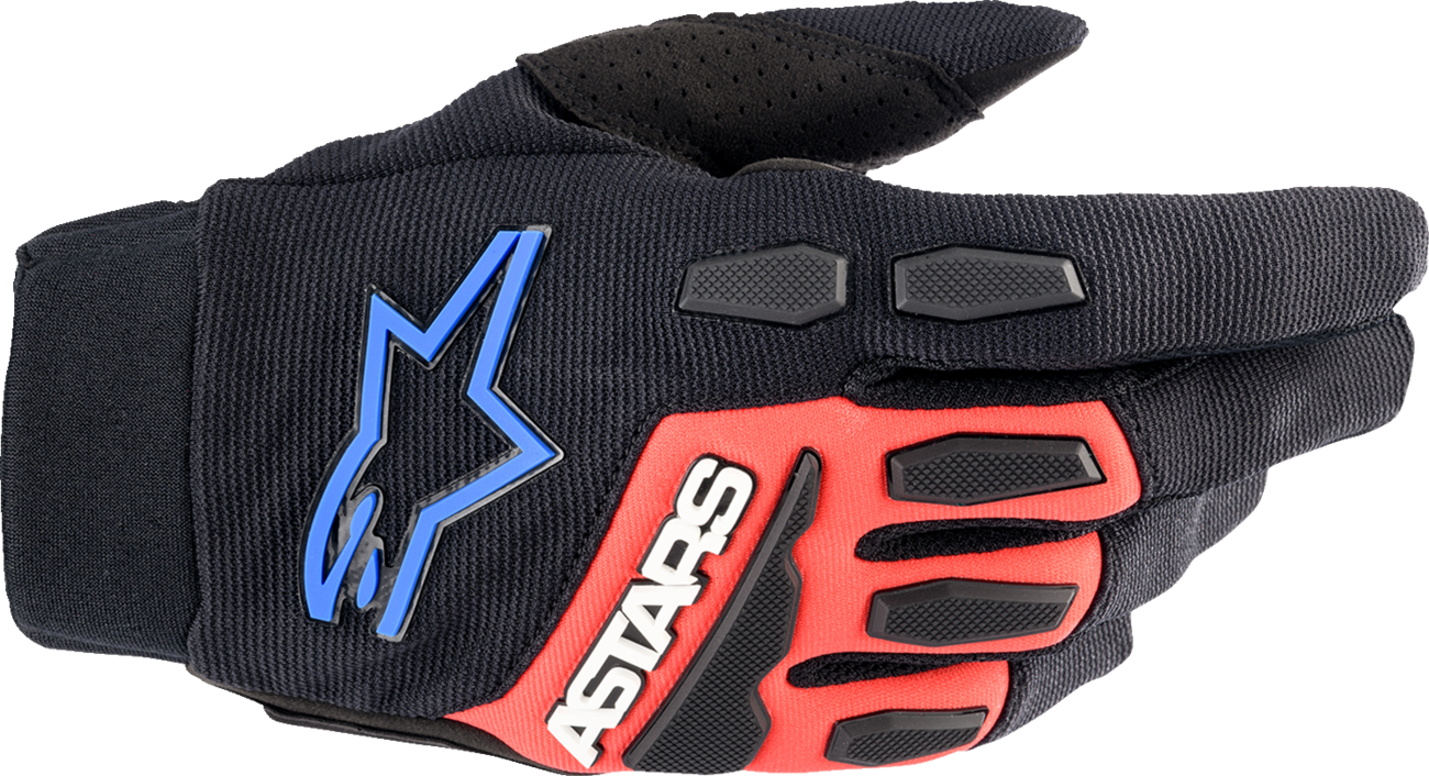 Alpinestars Full Bore XT motorcycle gloves in black, bright red, and blue, size small, with protective knuckles and adjustable wrist strap.