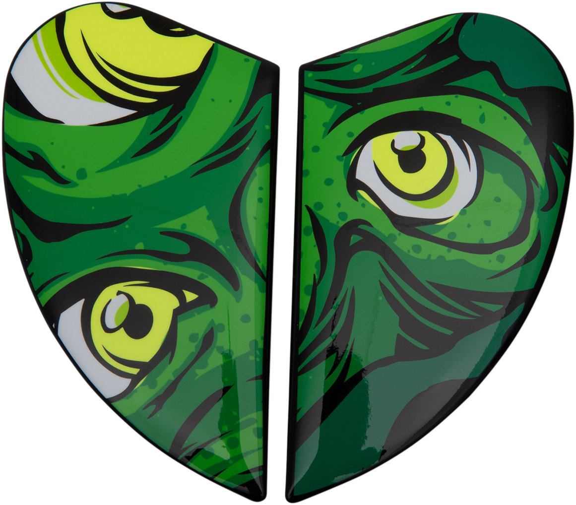 Green ICON Airform™ Side Plates for Illuminatus helmet, motorcycle helmet parts by Bill's Exhausts, showing detailed side design.