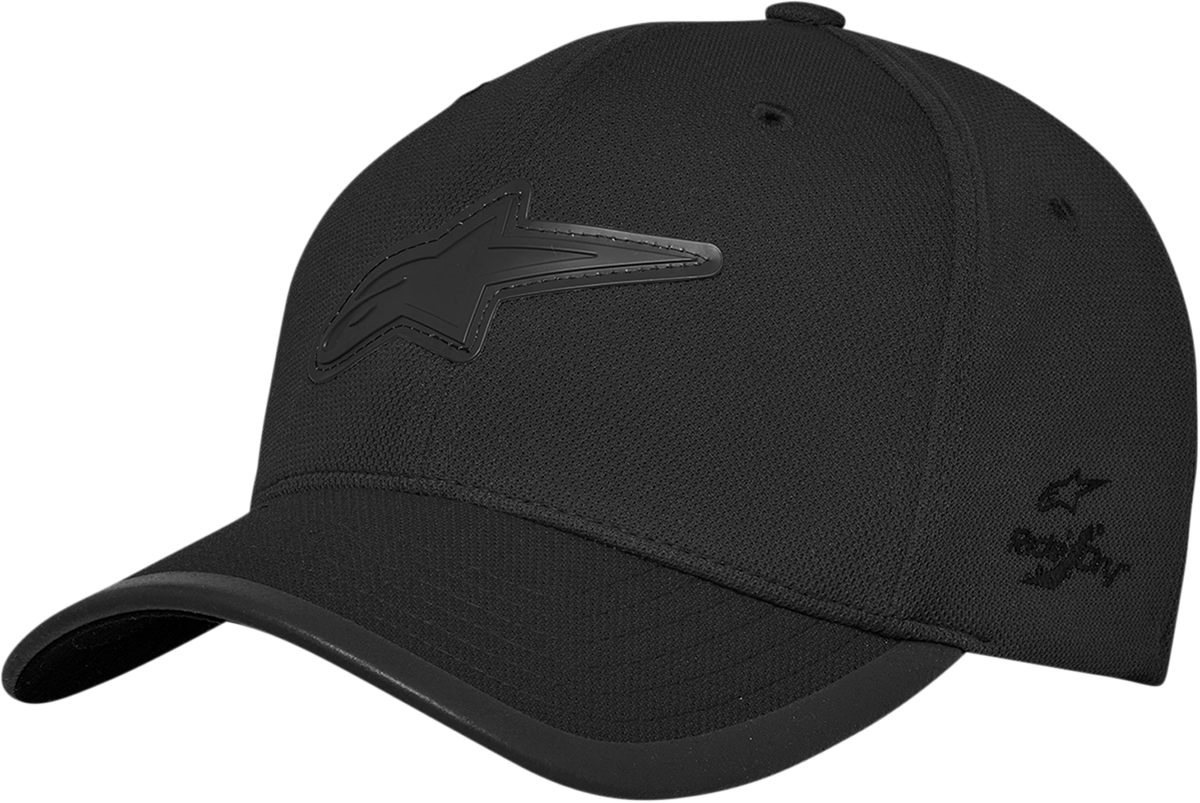 Black Astound Tech Hat by Alpinestars, large/xl size, with breathable fabric and sporty design, perfect for casual wear.