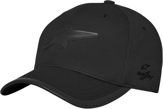 Black Astound Tech Hat by Alpinestars, large/xl size, with breathable fabric and sporty design, perfect for casual wear.