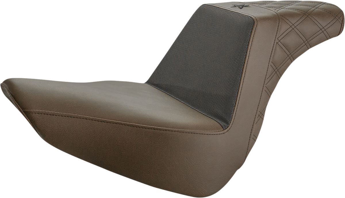 Front view of SADDLEMEN Unknown Industries motorcycle seat with carbon fiber and black gripper lumbar support, lattice stitch rear.