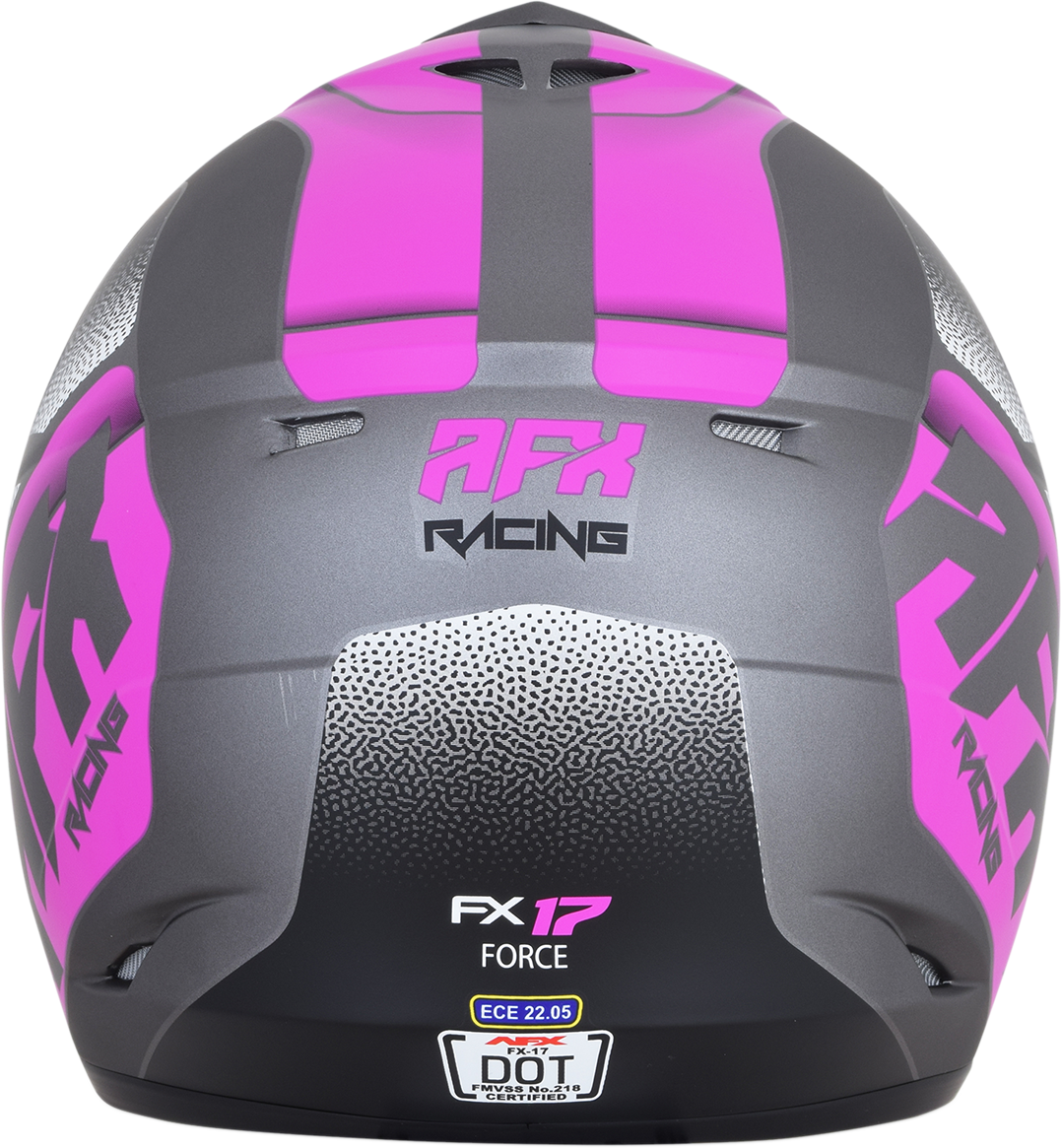 AFX FX-17 Force helmet in frost gray and fuchsia, medium size, featuring a sleek helmet design with ventilation and secure strap.