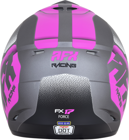 AFX FX-17 Force helmet in frost gray and fuchsia, medium size, featuring a sleek helmet design with ventilation and secure strap.