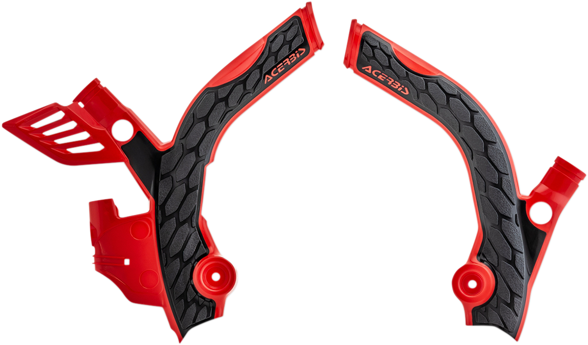 A set of ACERBIS X-Grip motorcycle frame guards in red and black, designed to protect the bike's body and frame.