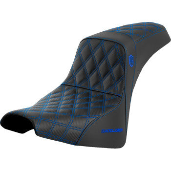 SADDLEMEN Pro Series SDC motorcycle seat in blue stitch for FXBB/FXST 2018-2023, without backrest, shown on bike.