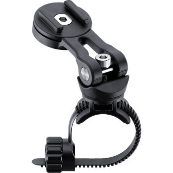 Universal SP CONNECT device mount by Bill's Exhausts attached to a motorcycle handlebar for secure smartphone attachment.