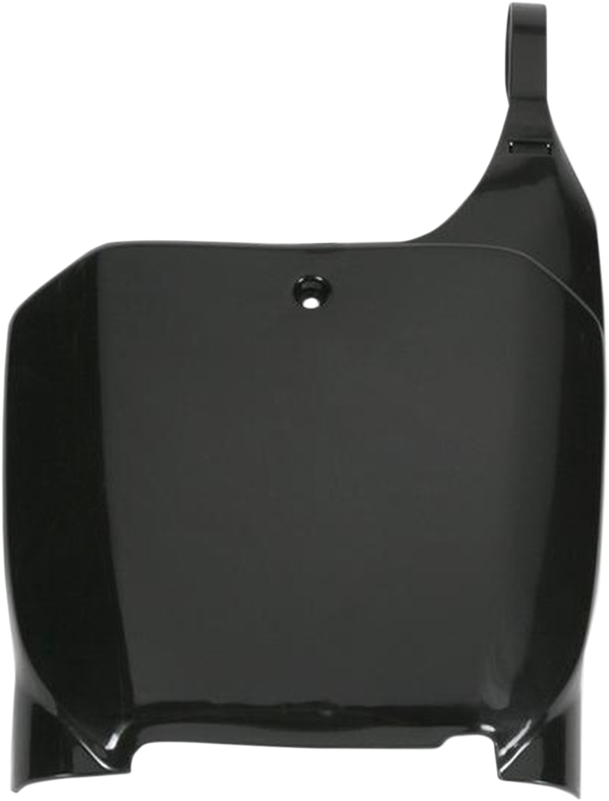 Black Acerbis front number plate for motorcycles, mounted on body with visible mounting holes and sleek design