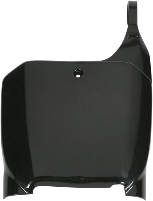 Black Acerbis front number plate for motorcycles, mounted on body with visible mounting holes and sleek design
