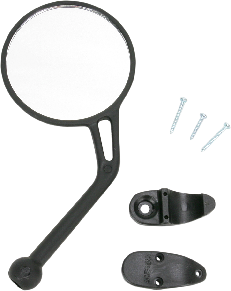 A black Acerbis rear view mirror for left side motorcycle body, designed for Bill's Exhausts models.