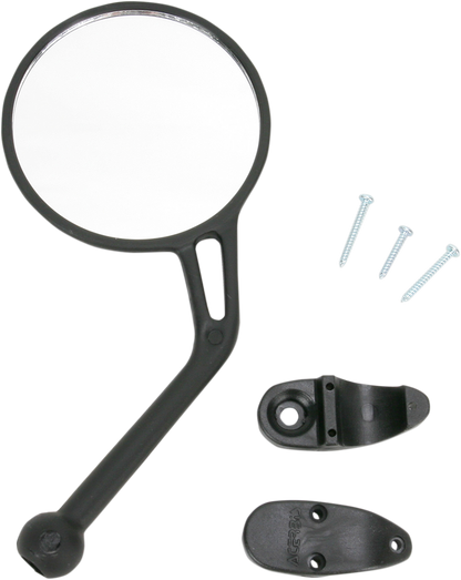 A black Acerbis rear view mirror for left side motorcycle body, designed for Bill's Exhausts models.