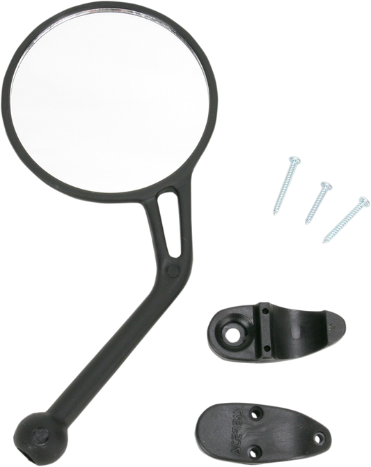A black Acerbis rear view mirror for left side motorcycle body, designed for Bill's Exhausts models.