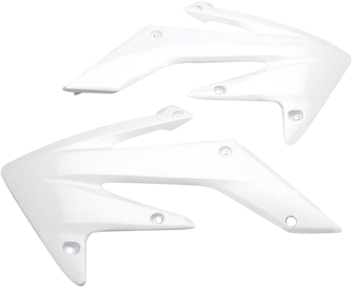 A set of white ACERBIS radiator shrouds for motorcycle body, designed for compatibility with Bill's Exhausts vehicles.