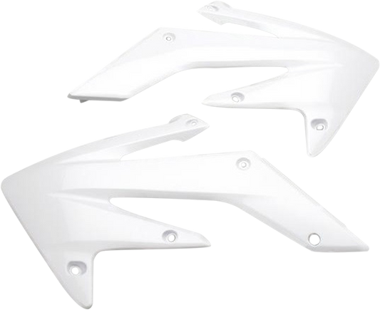 A set of white ACERBIS radiator shrouds for motorcycle body, designed for compatibility with Bill's Exhausts vehicles.