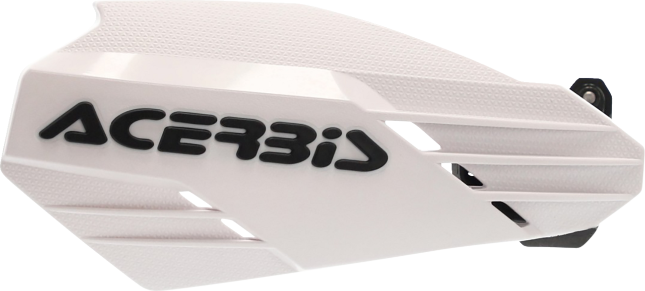 Acerbis K-Linear white and black motorcycle handguards mounted on handlebars, designed for protection and style.