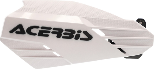 Acerbis K-Linear white and black motorcycle handguards mounted on handlebars, designed for protection and style.