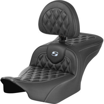 Bill's Exhausts SADDLEMEN RoadSofa™ motorcycle seat with backrest, carbon fiber finish, lattice and silver stitching for FLTR/FLHX '23-'24.