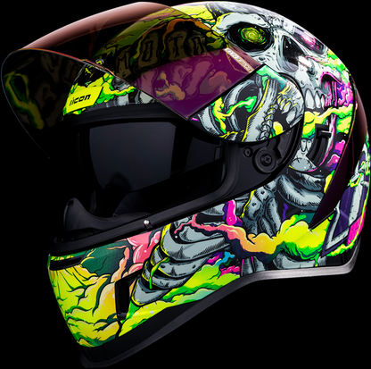 Purple ICON Airform™ Hippy Dippy helmet in XS size, featuring a vibrant, psychedelic design with a sleek helmet shape.