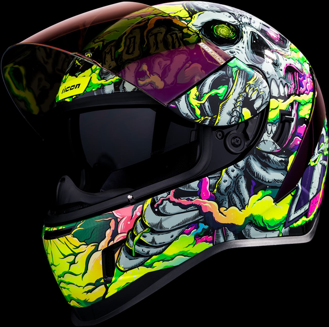 Bill's Exhausts ICON Airform™ Helmet Hippy Dippy in purple, 3XL, showing the colorful helmet with vibrant design and ventilation details.