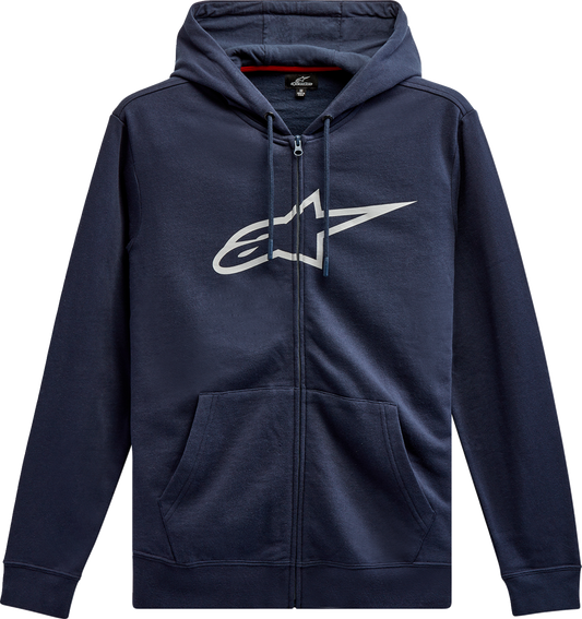 Navy and gray Alpinstars Ageless 2 zip hoodie in medium size with front zip and logo details, casual streetwear style.