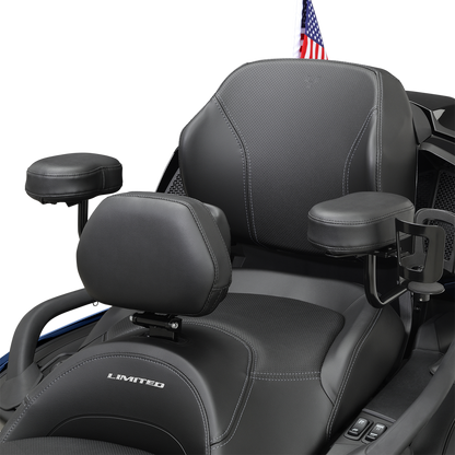 Bill's Exhausts Show Chrome Passenger Armrest for Can Am Spyder, engine component with chrome finish and ergonomic design.