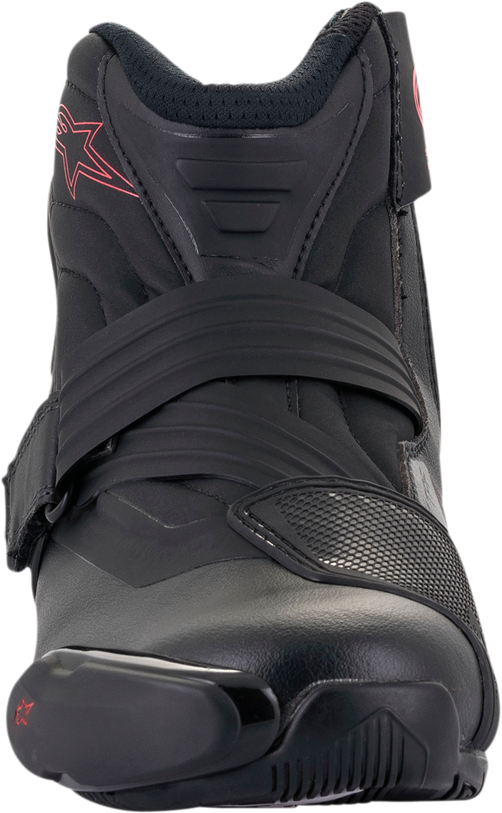 Alpinestars Stella SMX-1R V2 motorcycle boots in black and pink, US size 5, showing side view with textured details.