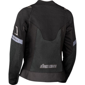 Black ICON Women's Contra3™ jacket in size 2XL, showing the sleek design and details of the Bill's Exhausts jacket.